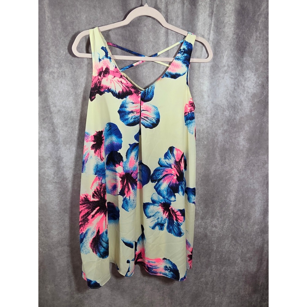 Soprano Floral Mini Dress Small Yellow Pink Blue Strappy Crisscross Back Lined